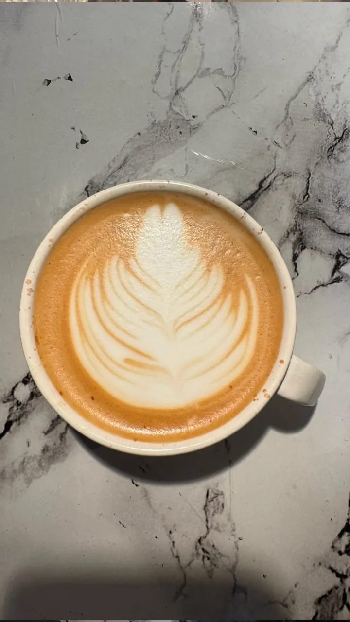 A latte with a fine-leafed rosetta.